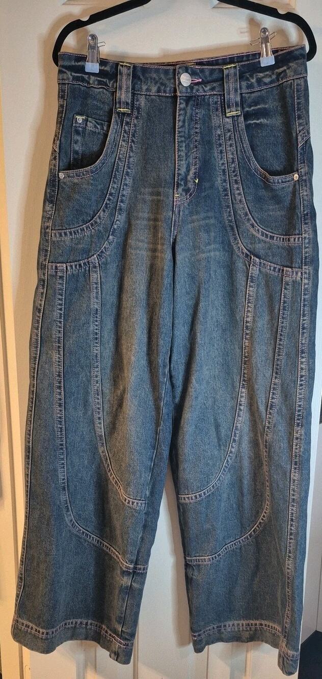 A.LAB 32" Mega Denim Star pockets Blue Jeans Women's 8 Super Baggy Rave